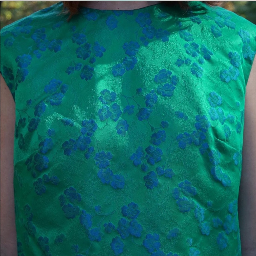 60s Vintage Green Satin Brocade Skirt & Top Matching Set - Picture 5 of 5